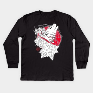 Japanese wolf, iris and peony Kids Long Sleeve T-Shirt